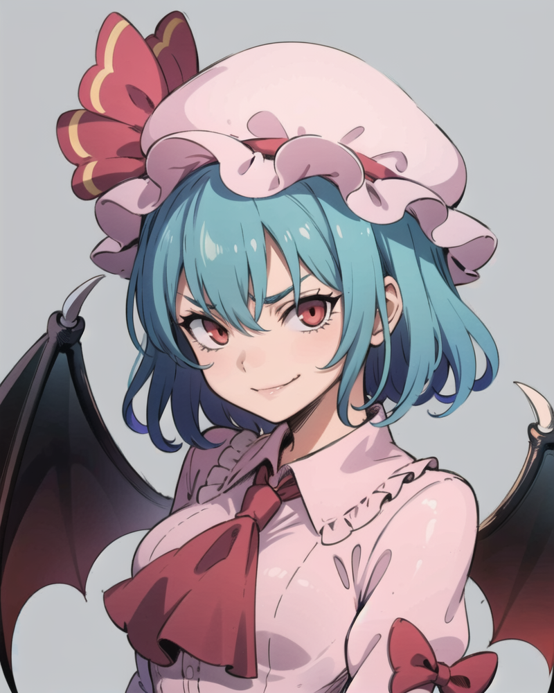 00011-3925655625-_lora_remilia_1_,1girl,pink dress,mob cap,ribbon,blue hair,red eyes,evil smile,bow,ascot, bat wings,grey background, (kbxll_0.8).png